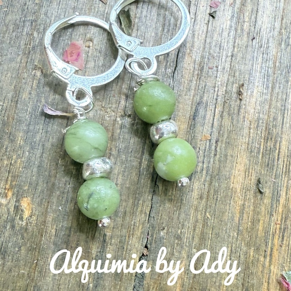 Vibrant Green jade and Silver Beaded Earrings + MINI HOOPS